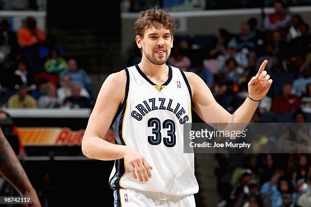 Marc Gasol of the Memphis Grizzlies reacts during the game against the New York Knicks on March 12, 2010 at FedExForum in Memphis, Tennessee. The...