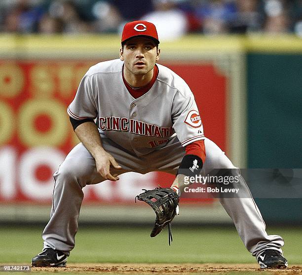 First baseman Joey Votto of the Cincinnati Reds readies at first base against the Houston Astros at Minute Maid Park on April 27, 2010 in Houston,...