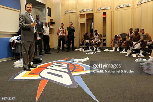 Head coach Scott Brooks of the Oklahoma City Thunder speaks to his players before Game Three of the Western Conference Quarterfinals against the Los...
