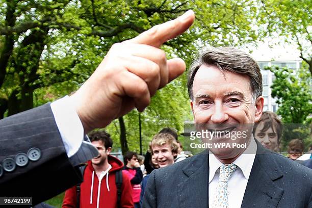 Britain's Business Secretary Peter Mandelson smiles as he arrives ahead of The Prime Ministerial Debate at the University of Birmingham on April 29,...