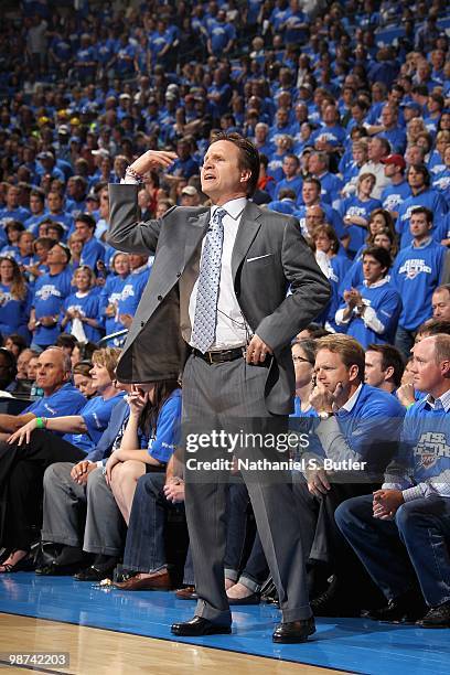 Head coach Scott Brooks of the Oklahoma City Thunder calls a play in Game Three of the Western Conference Quarterfinals against the Los Angeles...