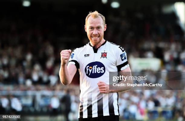 Louth , Ireland - 29 June 2018; Chris Shields of Dundalk celebrates his side's victory following the SSE Airtricity League Premier Division match...