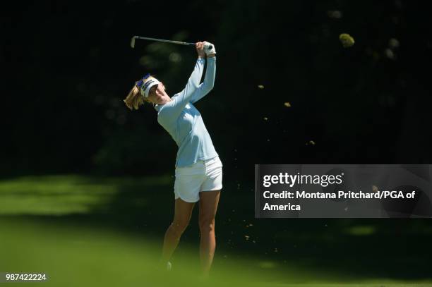 Jessica Korda of the US hits her shot on the 12th hole during the second round of the 2018 KPMG Women's PGA Championship at Kemper Lakes Golf Club on...