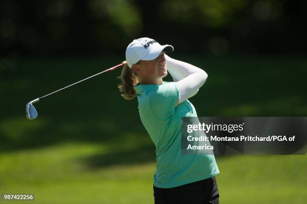 Stacy Lewis of the Us watches her shot on 12th hole during the second round of the 2018 KPMG Women's PGA Championship at Kemper Lakes Golf Club on...