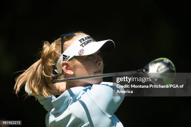 Jessica Korda of the US hits her tee shot on the 12th holeuring the second round of the 2018 KPMG Women's PGA Championship at Kemper Lakes Golf Club...