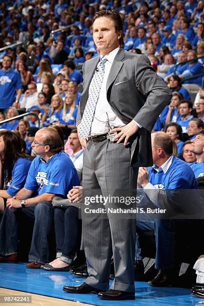 Head coach Scott Brooks of the Oklahoma City Thunder watches the action in Game Three of the Western Conference Quarterfinals against the Los Angeles...