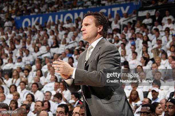 Head coach Scott Brooks of the Oklahoma City Thunder watches the action in Game Four of the Western Conference Quarterfinals against the Los Angeles...