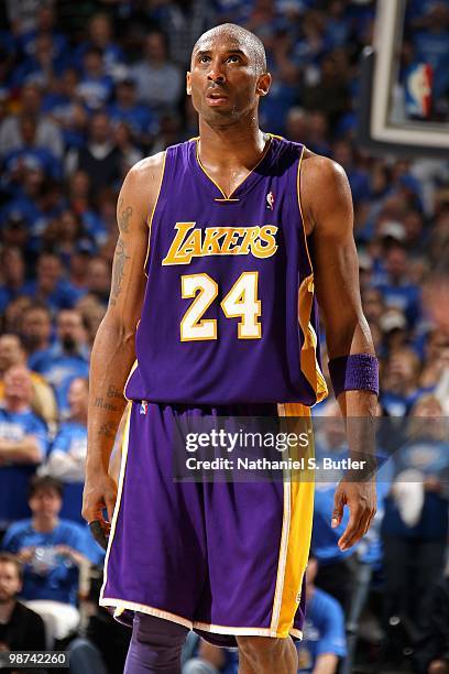 Kobe Bryant of the Los Angeles Lakers looks up in Game Three of the Western Conference Quarterfinals against the Oklahoma City Thunder during the...