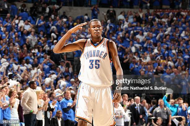 Kevin Durant of the Oklahoma City Thunder walks across the court in Game Three of the Western Conference Quarterfinals against the Los Angeles Lakers...