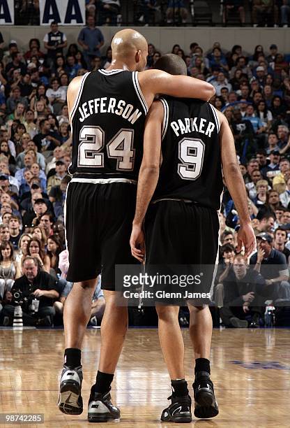 Richard Jefferson of the San Antonio Spurs hugs teammate Tony Parker in Game Two of the Western Conference Quarterfinals against the Dallas Mavericks...