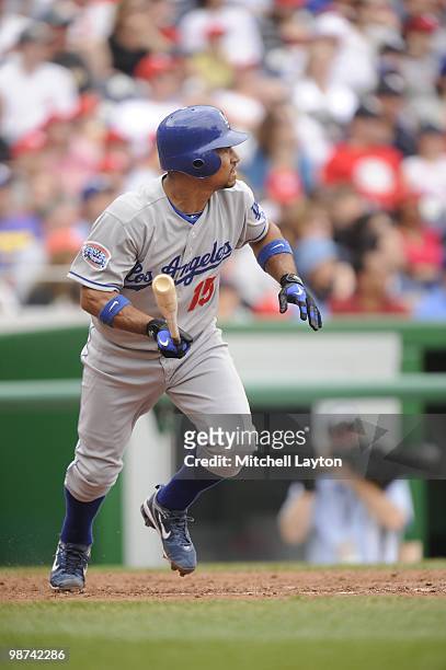 Rafael Furcal of the Los Angeles Dodgers runs to first base during a baseball game against the Washington Nationals on April 25, 2010 at Nationals...