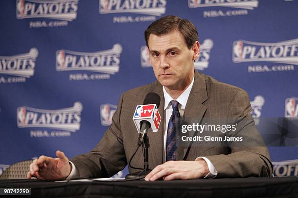 Head coach Rick Carlisle of the Dallas Mavericks talks to the media after Game Two of the Western Conference Quarterfinals against the San Antonio...