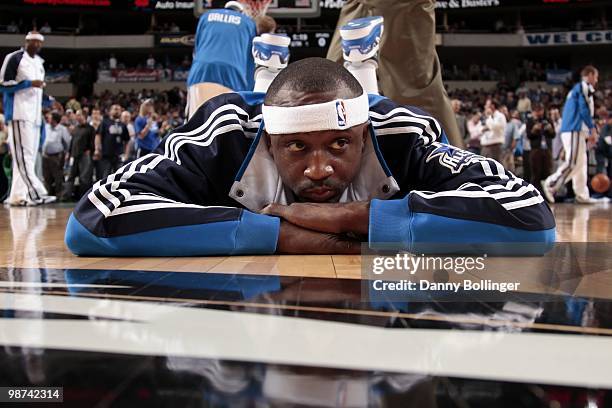 Jason Terry of the Dallas Mavericks stretches on the court prior to Game Two of the Western Conference Quarterfinals against the San Antonio Spurs...