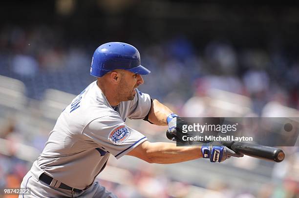 Redd Johnson of the Los Angeles Dodgers bunts during a baseball game against the Washington Nationals on April 25, 2010 at Nationals Park in...