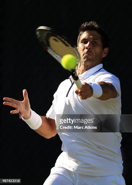 Fernando Verdasco of Spain plays a forehand against Jared Donaldson of USA during the GANT Tennis Championships on June 29, 2018 in London, England.