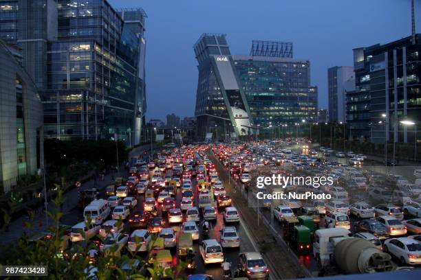 Traffic jam is seen in Gurgaon some 30 km south of New Delhi on 29 June 2019 after a heavy rain.