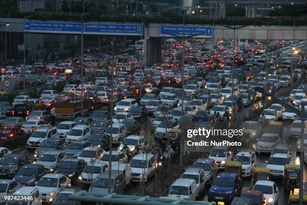 Traffic jam is seen in Gurgaon some 30 km south of New Delhi on 29 June 2019 after a heavy rain.