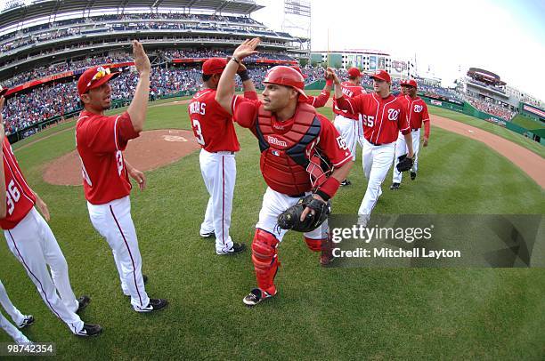 Ivan Rodriguez of the Washington Nationals celebrates a win after a baseball game against the Los Angeles Dodgers on April 25, 2010 at Nationals Park...