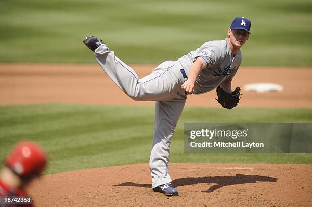 Chad Billingsley of the Los Angeles Dodgers pitches during a baseball game against the Washington Nationals on April 25, 2010 at Nationals Park in...