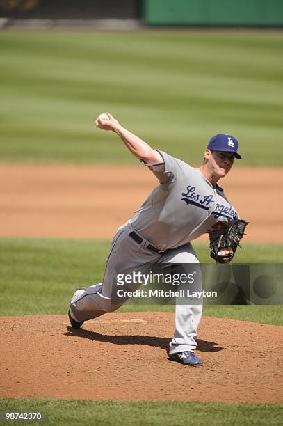 Chad Billingsley of the Los Angeles Dodoers pitches during a baseball game against the Washington Nationals on April 25, 2010 at Nationals Park in...