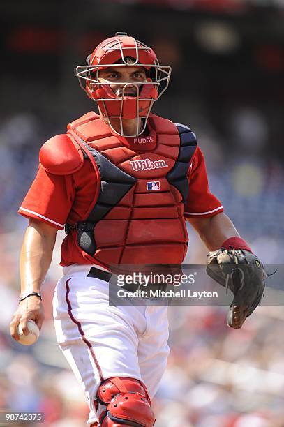 Ivan Rodriguez of the Washington Nationals looks on during a baseball game against the Los Angeles Dodgers on April 25, 2010 at Nationals Park in...