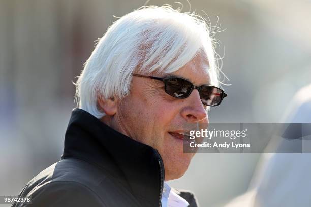 Bob Baffert the trainer of Lookin at Lucky and Conveyance is pictured in the barn area during the morning workouts for the Kentucky Derby at...