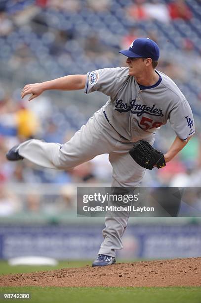 Chad Billingsley of the Los Angeles Dodgers pitches during a baseball game against the Washington Nationals on April 25, 2010 at Nationals Park in...