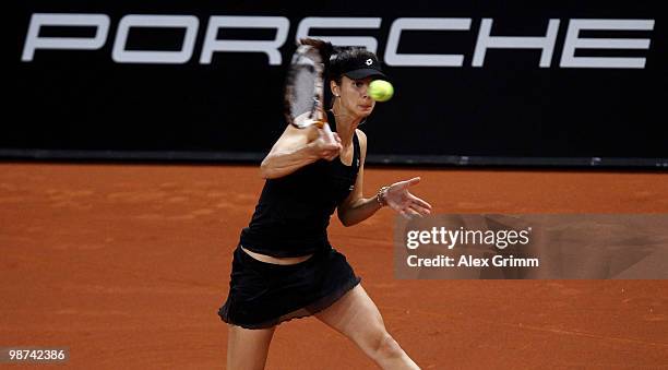 Tsvetana Pironkova of Bulgaria plays a forehand during her second round match against Jelena Jankovic of Serbia at day four of the WTA Porsche Tennis...