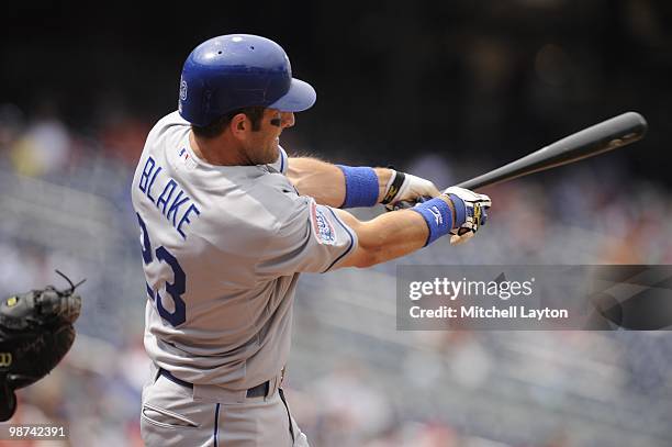 Caeey Blake of the Los Angeles Dodgers takes a swing during a baseball game against the Washington Nationals on April 25, 2010 at Nationals Park in...