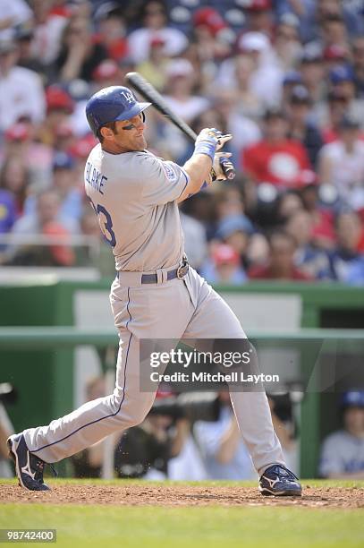 Caeey Blake of the Los Angeles Dodgers takes a swing during a baseball game against the Washington Nationals on April 25, 2010 at Nationals Park in...