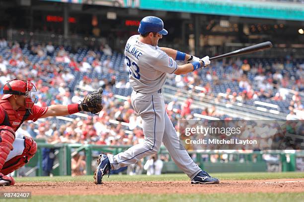 Caeey Blake of the Los Angeles Dodgers takes a swing during a baseball game against the Washington Nationals on April 25, 2010 at Nationals Park in...