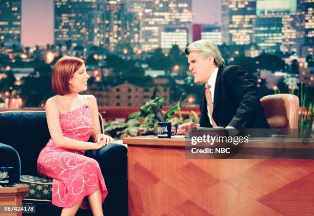 Episode 1644 -- Pictured: Actress Tori Spelling during an interview with host Jay Leno on July 19, 1999 --
