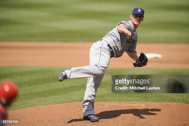 Chad Billingsley of the Los Angeles Dodgers pitches during a baseball game against the Washington Nationals on April 25, 2010 at Nationals Park in...