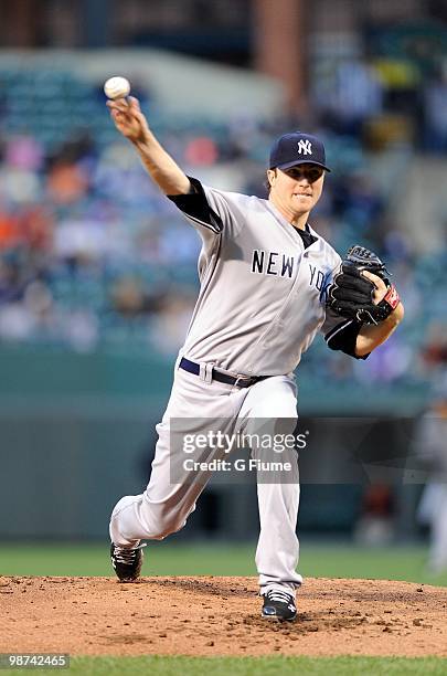 Phil Hughes of the New York Yankees pitches against the Baltimore Orioles at Camden Yards on April 27, 2010 in Baltimore, Maryland.