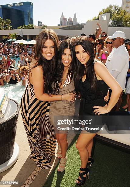 Khloe Kardashian, Kourtney Kardashian and Kim Kardashian attend Wet Republic on April 24, 2010 in Las Vegas, Nevada.