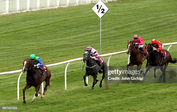 Round Won ridden by Shane Kelly goes on to win The Bet Totepool At totesport.com Median Auction Maiden Stakes at Folkestone Racecourse on April 29,...