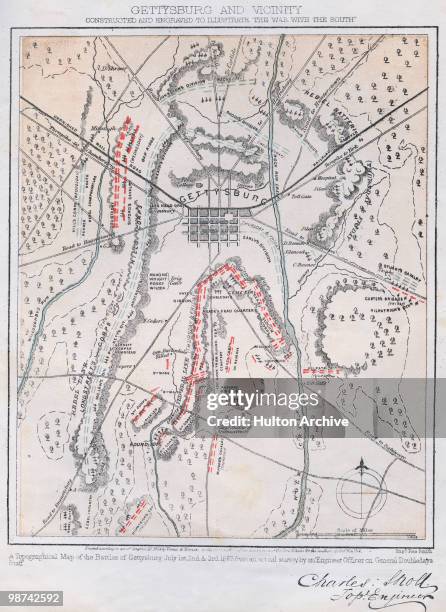 Topographical map of the Battles of Gettysburg on 1st, 2nd and 3rd July 1863, during the American Civil War. Drawn from an actual survey by Charles...