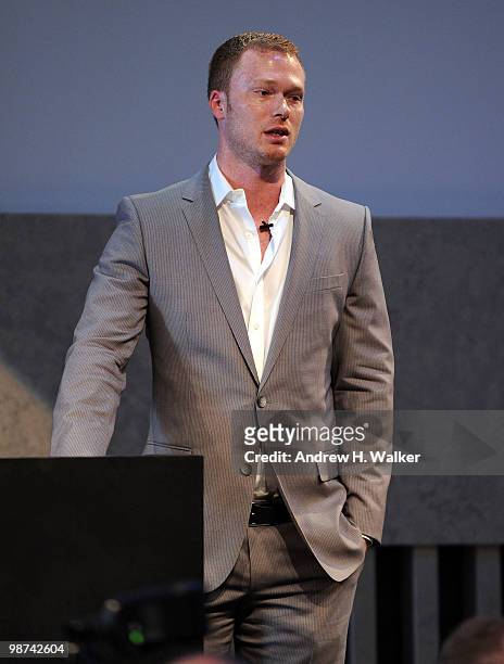Zach Eichman speaks at the unveiling of plans for Mercedes-Benz Fashion Week at Lincoln Center at the David Rubenstein Atrium on April 29, 2010 in...