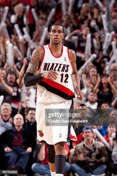 LaMarcus Aldridge of the Portland Trail Blazers looks on in Game Four of the Western Conference Quarterfinals against the Phoenix Suns during the...