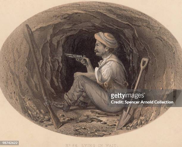 British soldier waits to ambush rebels attempting to tunnel their way into the Residency during the Siege of Lucknow, part of the Indian Rebellion of...
