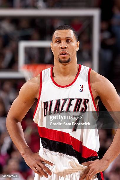 Brandon Roy of the Portland Trail Blazers looks on in Game Four of the Western Conference Quarterfinals against the Phoenix Suns during the 2010 NBA...