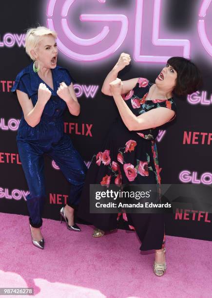 Actresses Kimmy Gatewood and Rebekka Johnson attend the cast of Netflix's "Glow" Season 2 Premiere 80's takeover celebration on Muscle Beach on June...