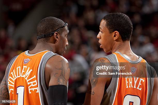Amar'e Stoudemire and Channing Frye of the Phoenix Suns stalk on the court in Game Four of the Western Conference Quarterfinals against the Portland...