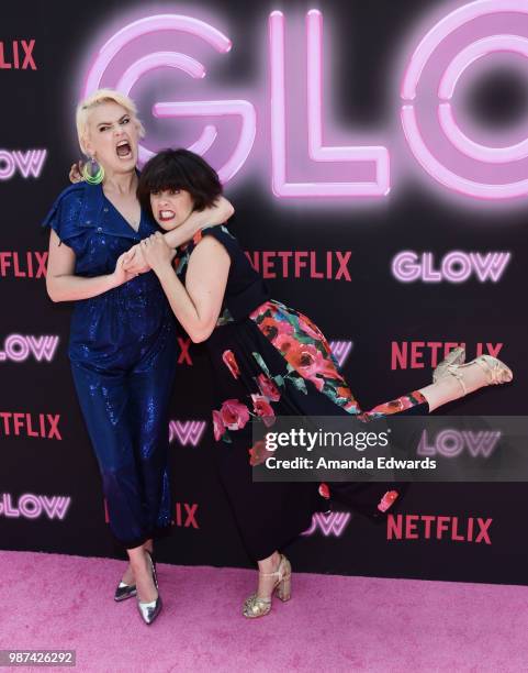 Actresses Kimmy Gatewood and Rebekka Johnson attend the cast of Netflix's "Glow" Season 2 Premiere 80's takeover celebration on Muscle Beach on June...