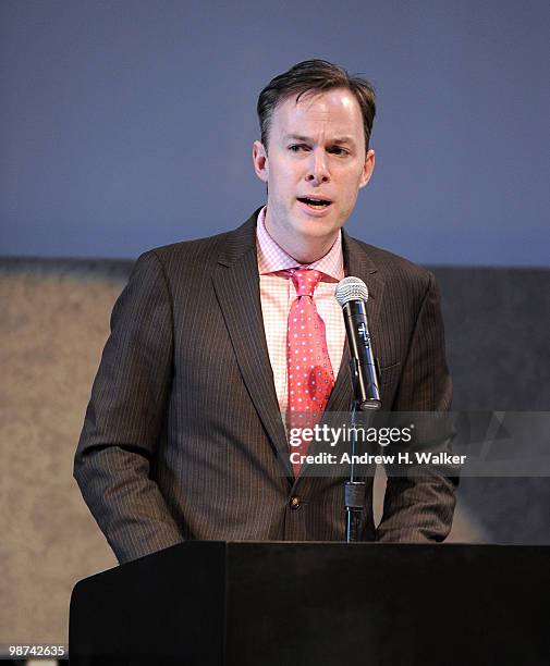 Patrick Murphy speaks at the unveiling of plans for Mercedes-Benz Fashion Week at Lincoln Center at the David Rubenstein Atrium on April 29, 2010 in...