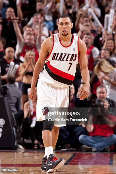 Brandon Roy of the Portland Trail Blazers stands on the court in Game Four of the Western Conference Quarterfinals against the Phoenix Suns during...