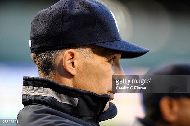 Manager Joe Girardi of the New York Yankees watches the game against the Baltimore Orioles at Camden Yards on April 27, 2010 in Baltimore, Maryland.