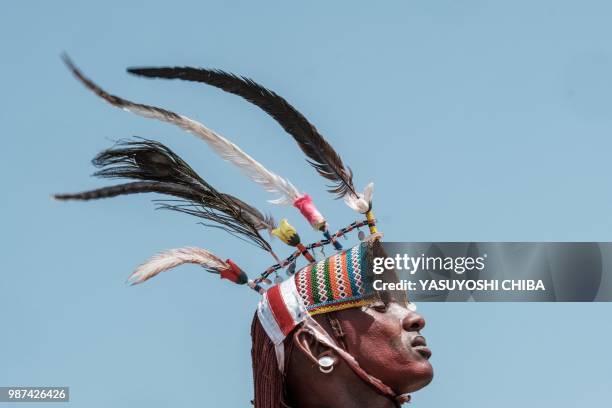 Man of the Samburu tribe performs during the 11th Marsabit Lake Turkana Culture Festival in Loiyangalani near Lake Turkana, northern Kenya, on June...