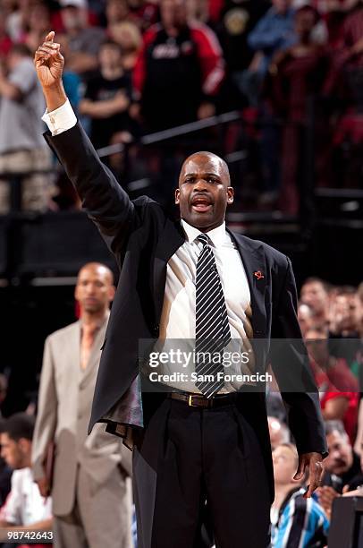 Head coach Nate McMillan of the Portland Trail Blazers callsl a play in Game Four of the Western Conference Quarterfinals against the Phoenix Suns...