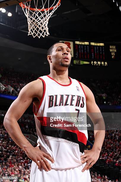 Brandon Roy of the Portland Trail Blazers looks on in Game Four of the Western Conference Quarterfinals against the Phoenix Suns during the 2010 NBA...